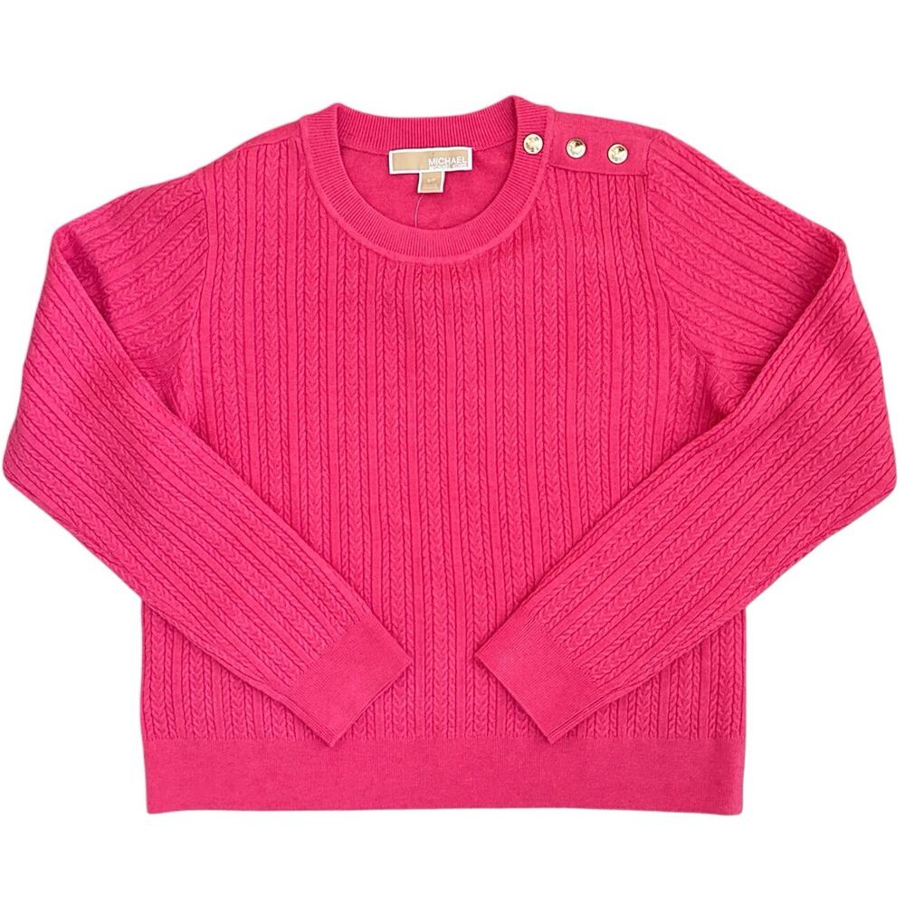 NWT Michael Kors Pink Cable Knit Sweater Gold Button Shoulder Preppy Small S
